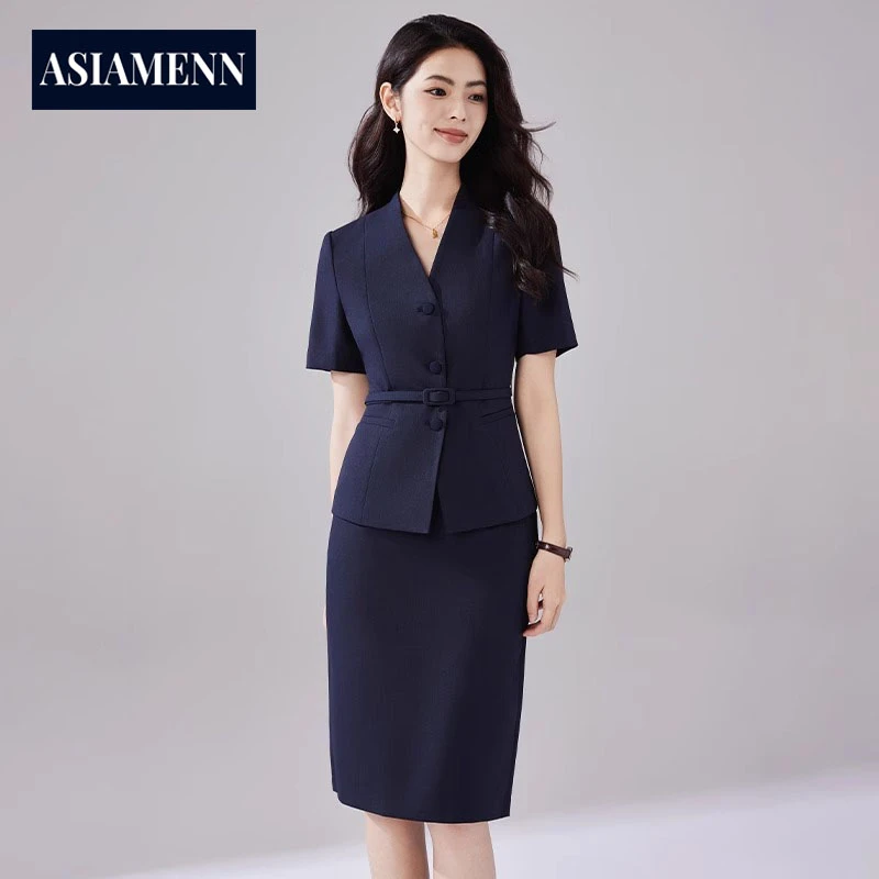 高级感藏青色短袖西装套装女夏季通勤裙套收腰显瘦西服西裙两件套