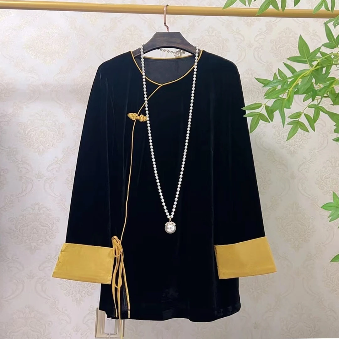 大聪新中式大码国风丝绒打底衫拼色洋气百搭宽松显瘦上衣77222