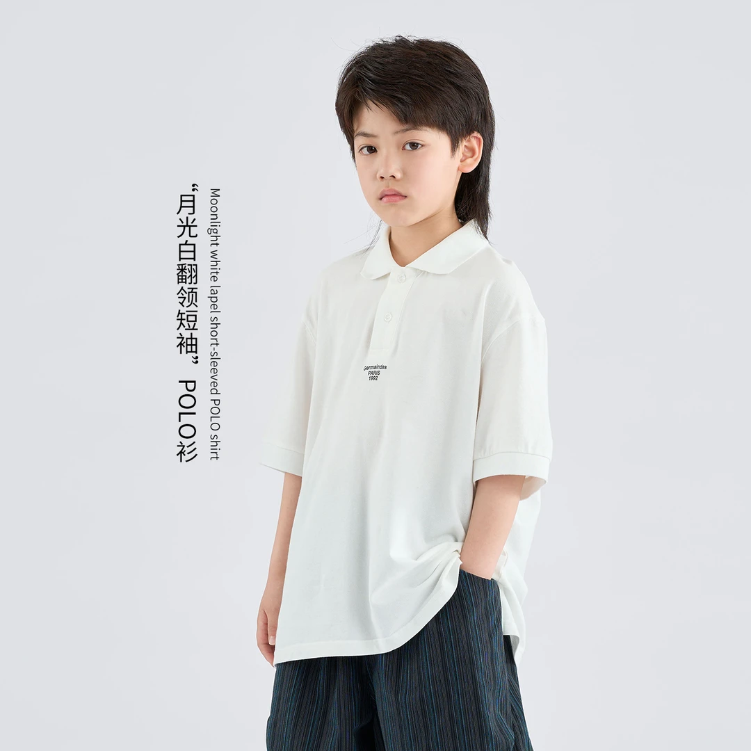 MT原创童装日系男童月光白翻领短袖POLO衫夏季新款宽松休闲中大童