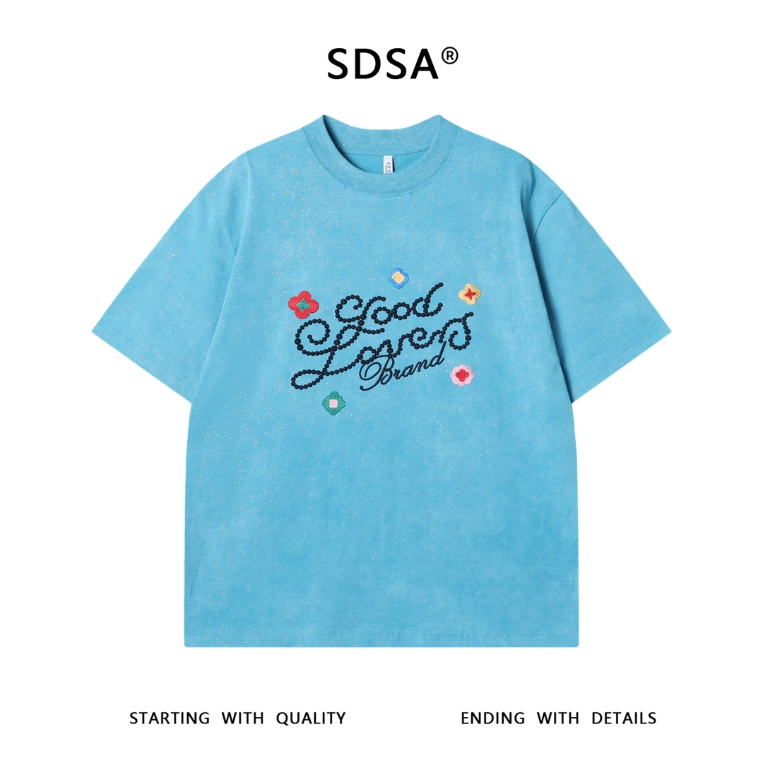 夏季高级感新款满天星刺绣字母花朵圆领短袖T恤百搭情侣设计上衣