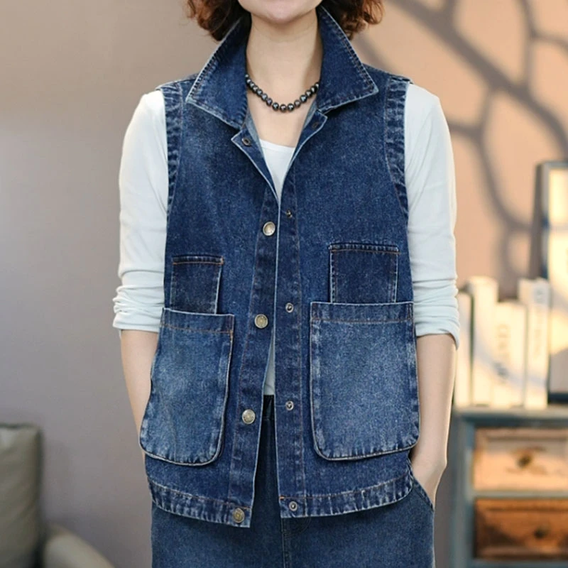 涵8793蓝2025春文艺复古牛仔马夹坎肩百搭背心贴布撞色牛仔马甲