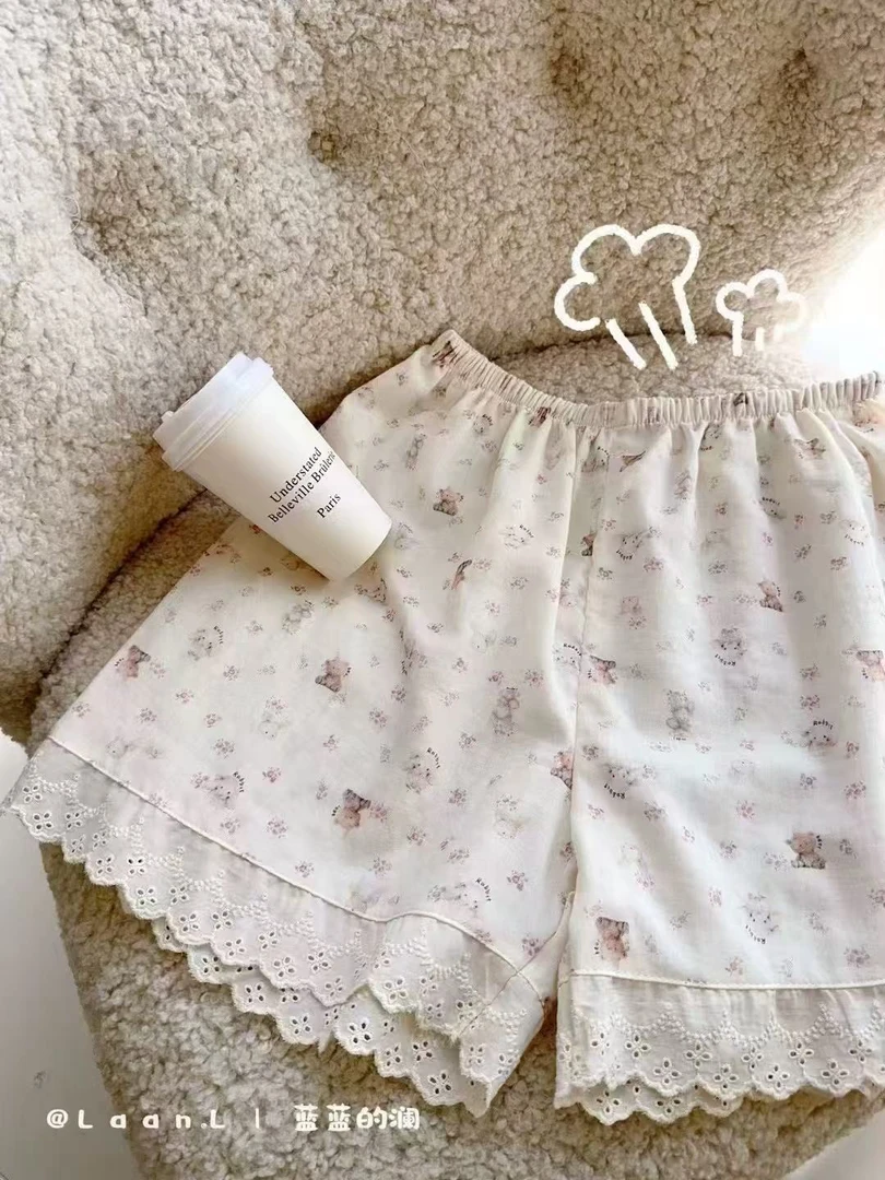 可爱推荐新款纯棉蕾丝边可爱甜美少女卡通夏季薄款棉质外穿短裤