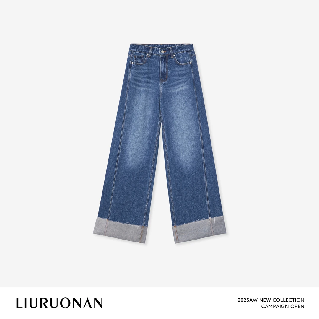 LIURUONAN 25FL【宽折边牛仔裤】复古蓝全棉水洗长裤秋冬显瘦休闲裤