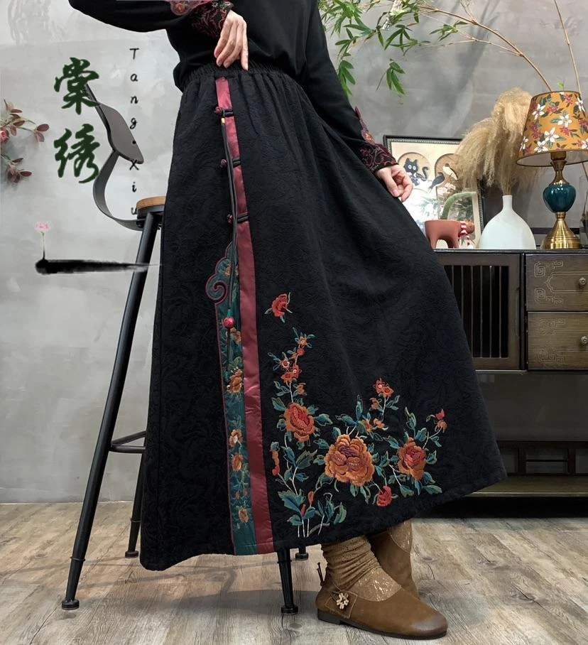 【棠绣】听风絮·秋款民族风棉麻刺绣提花A字裙松紧腰半身裙马面裙