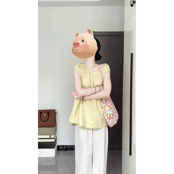 1374小衫女夏季短袖甜美可爱休闲宽松奶黄色上衣休闲长裤套装