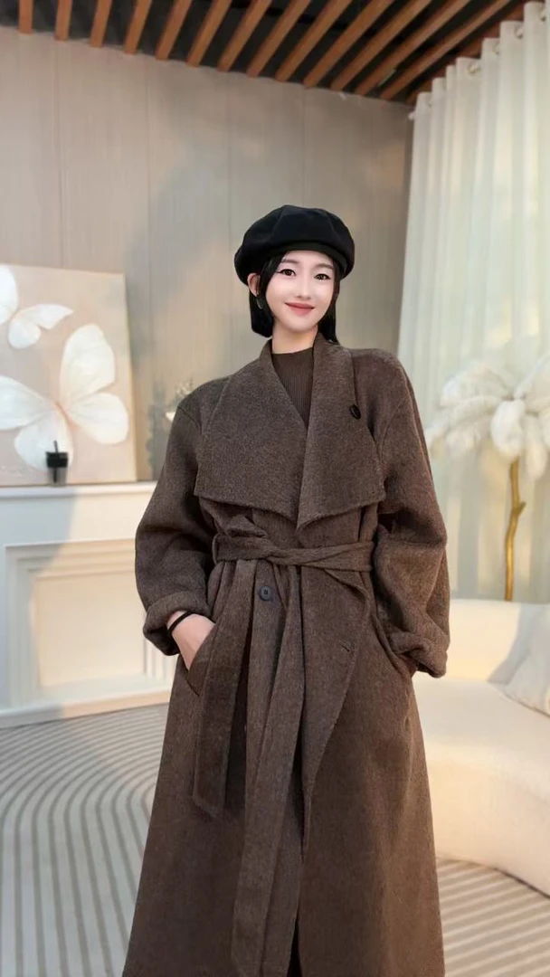 美拉德大翻领高级百搭长款双面羊毛大衣外套