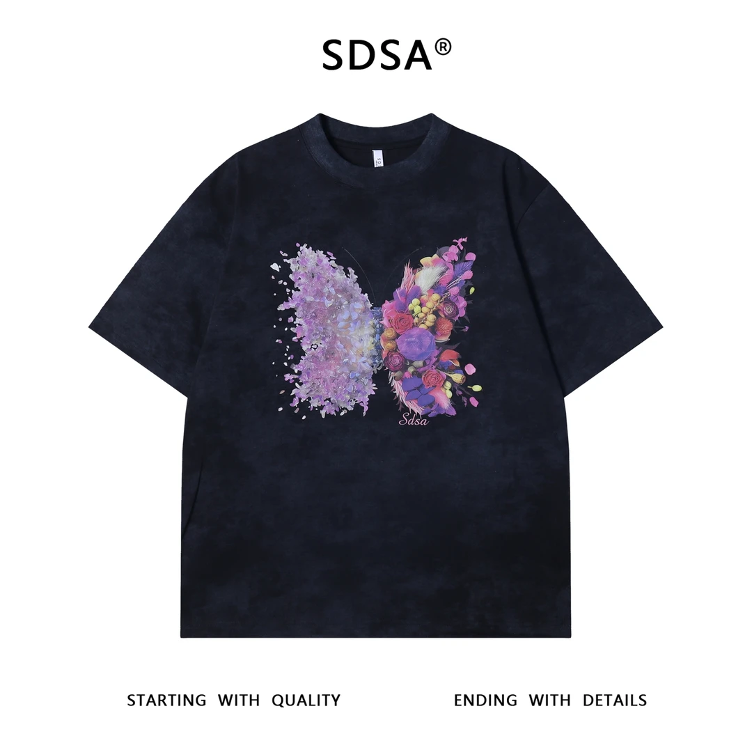 夏季高级感新款男士简约胸前蝴蝶印花圆领短袖T恤百搭时尚上衣