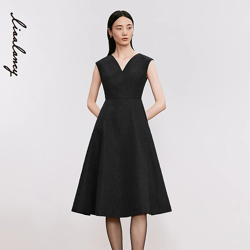 LANCY/朗姿秋新款极简无袖V领高腰A字气质大摆宴会连衣裙女