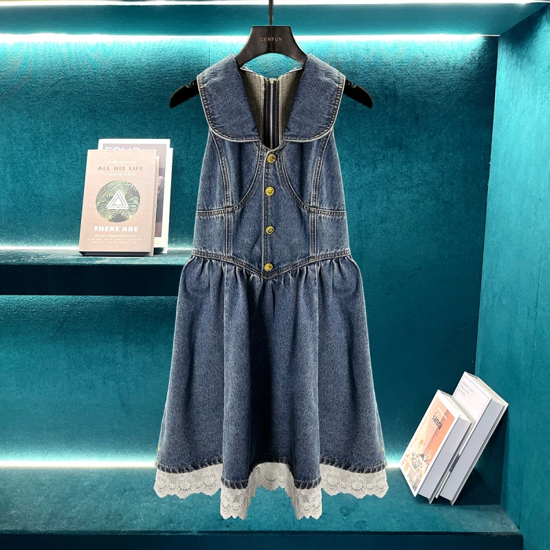 【CENFUN】轻奢牛仔蕾丝拼接无袖连衣裙E10108