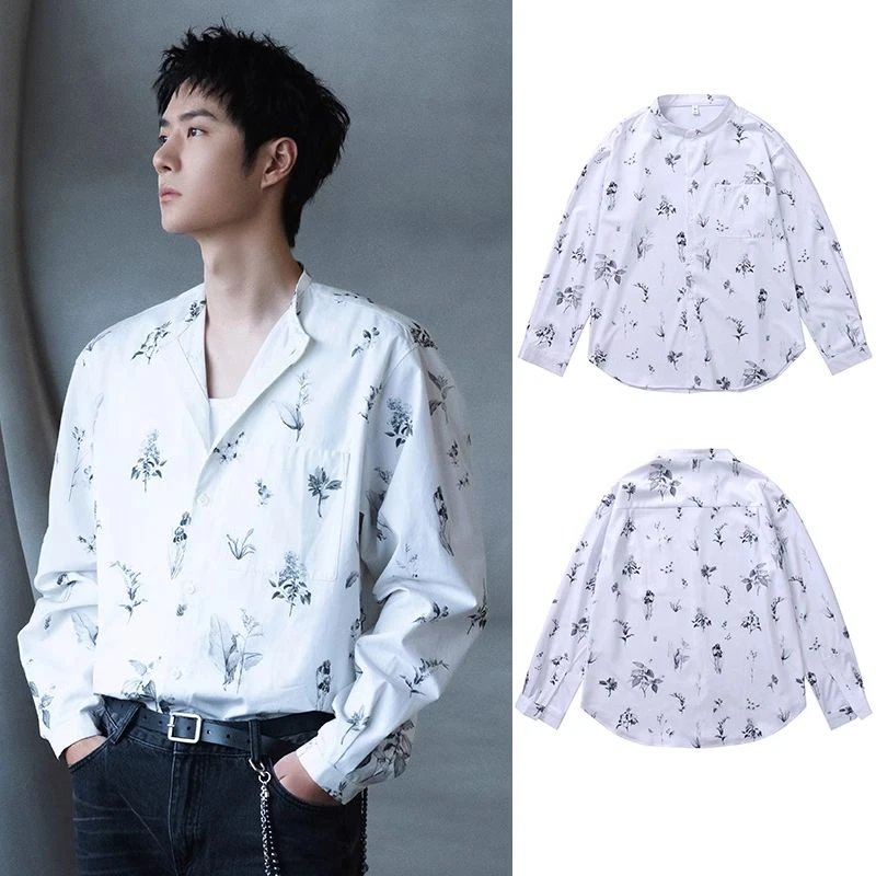 【春晚同款】王一博同款白色植物印花衬衫男女宽⑮天可发