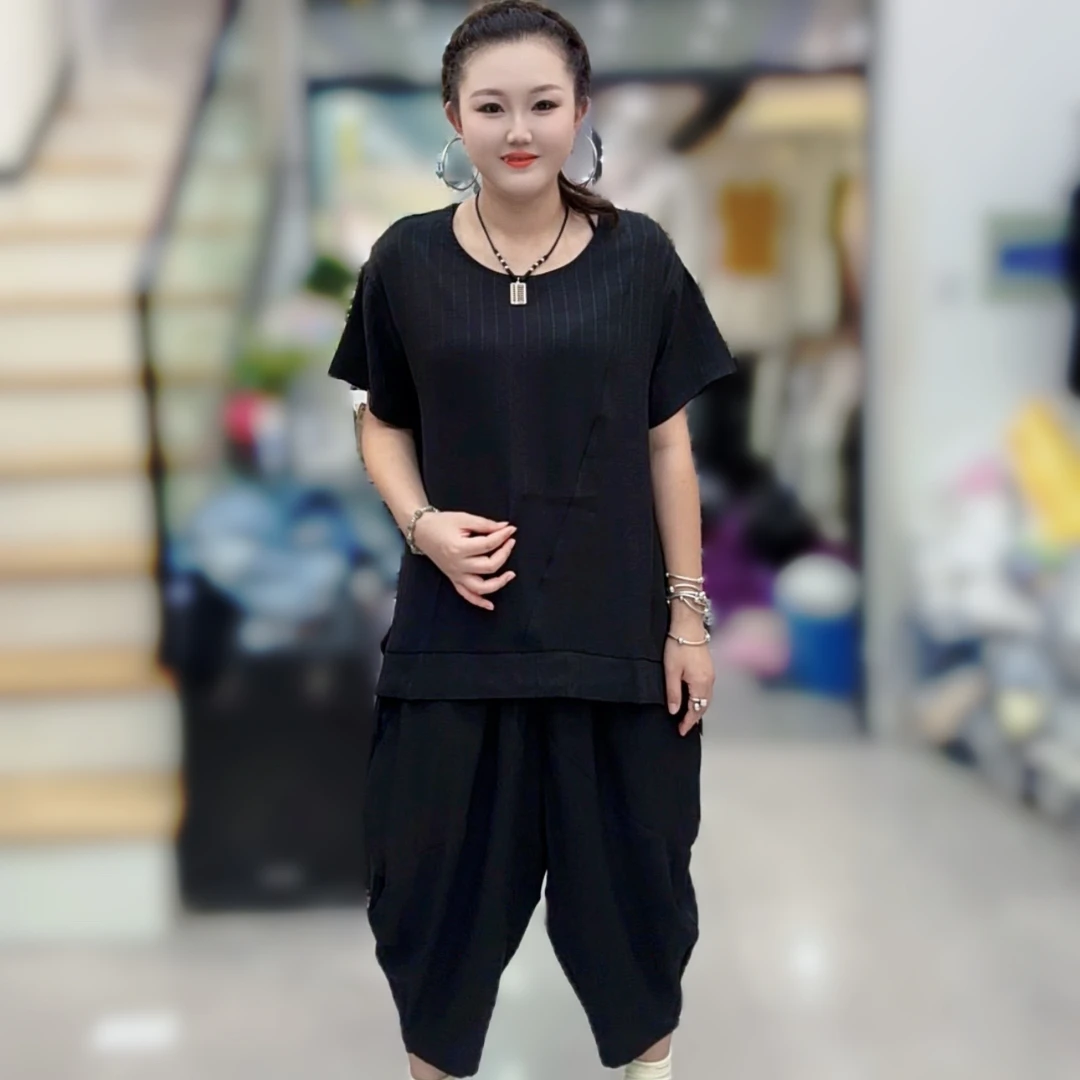 灵璧胖衣秀服《毛毛推荐》夏季时尚8435大码休闲洋气圆领显瘦套装