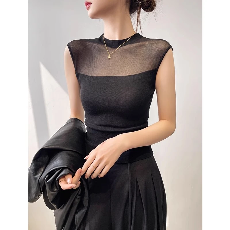 黑色小半高领吊带背心女内搭春夏季2025新款网纱针织打底上衣外穿