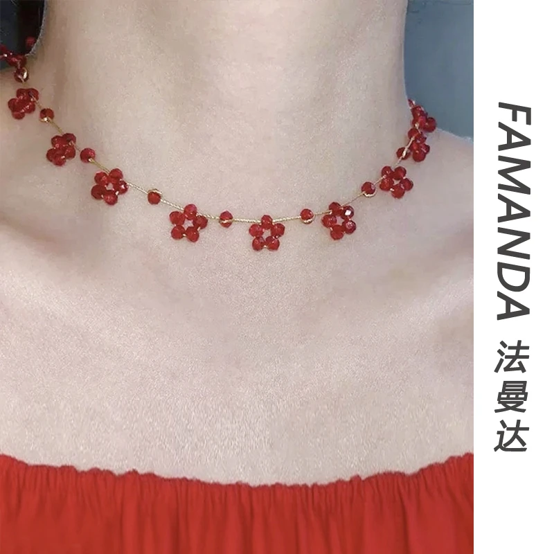 合金项链 【红晶花项链】红色花朵精致法式百搭项链