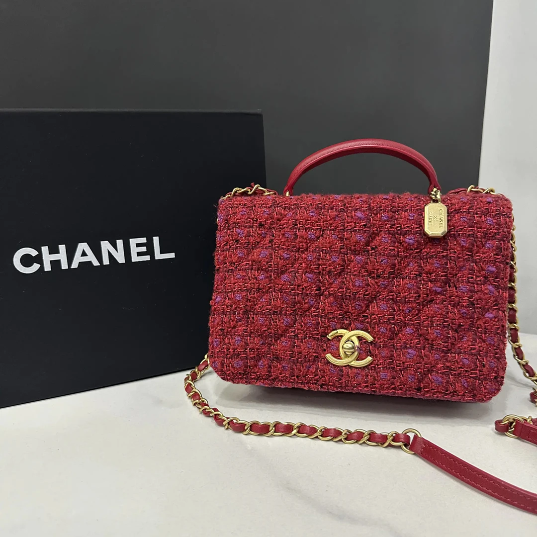 95新 Chanel/香奈儿 23B粗花呢手柄链条包芯片20cm/JJ04121302