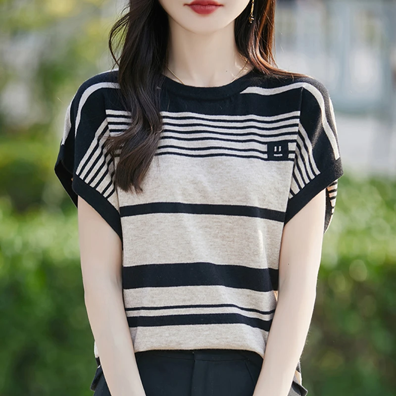 夏装2025新款薄款条纹短袖T恤女宽松显瘦圆领针织衫百搭洋气上衣