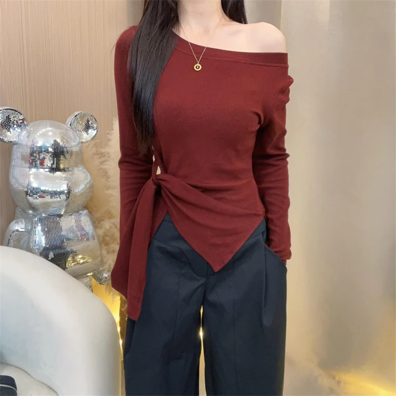 爆款早秋新款韩系下摆不规则开叉收腰设计感显瘦百搭斜肩长袖T恤