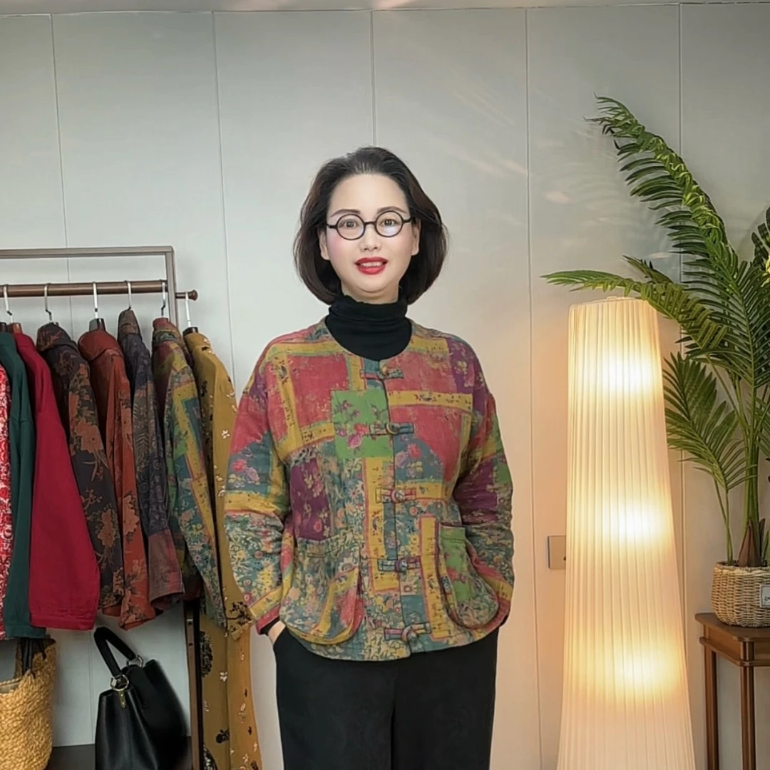 双层纱斜纹棉红牡丹小园领单层休闲上衣时尚百搭优雅妈妈装2510