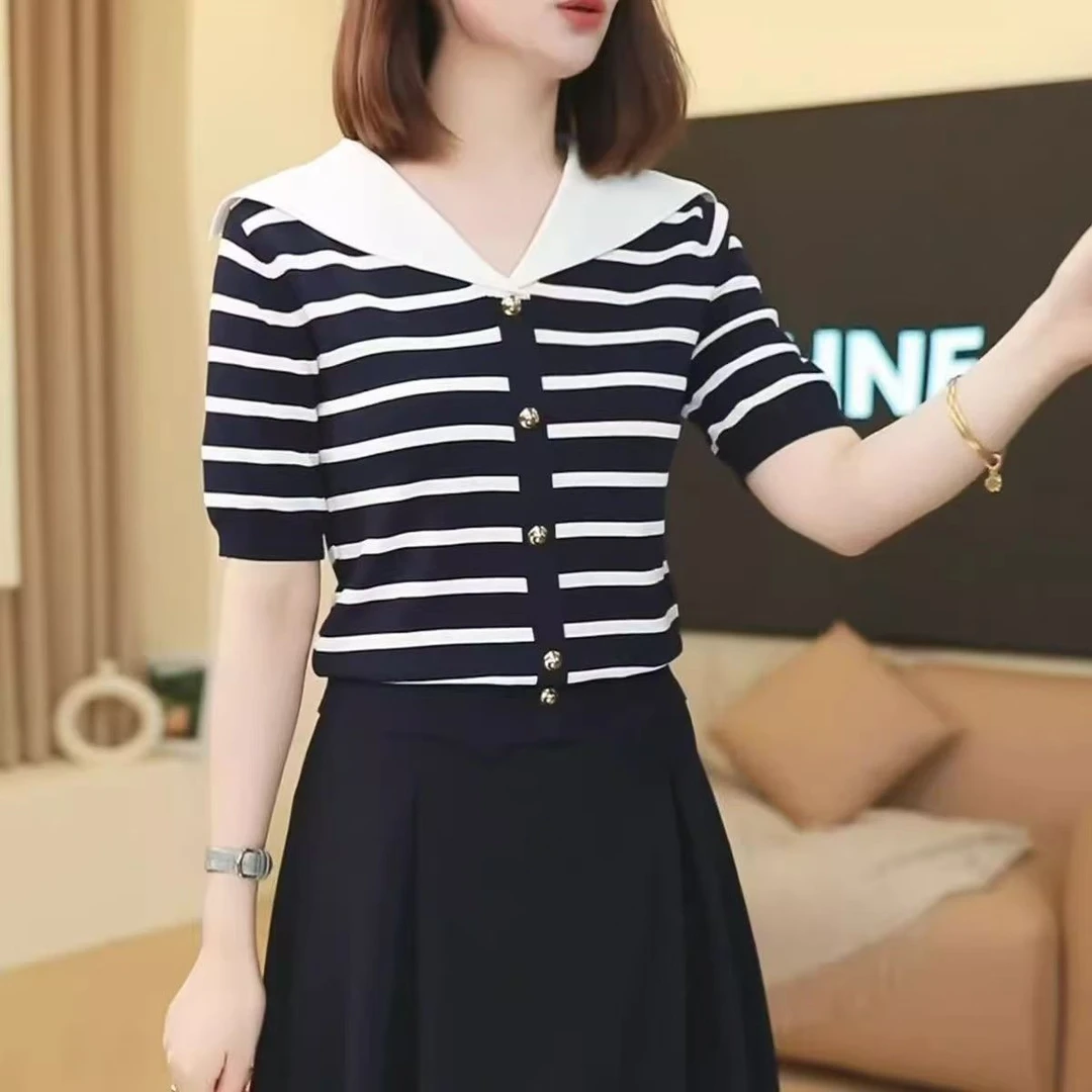 海军领条纹洋气减龄针织衫女短袖T恤夏季薄款气质宽松显瘦短上衣