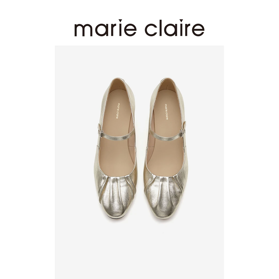 MC女鞋褶皱中跟玛丽珍2024夏新款牛皮法式单鞋marieclaire女鞋