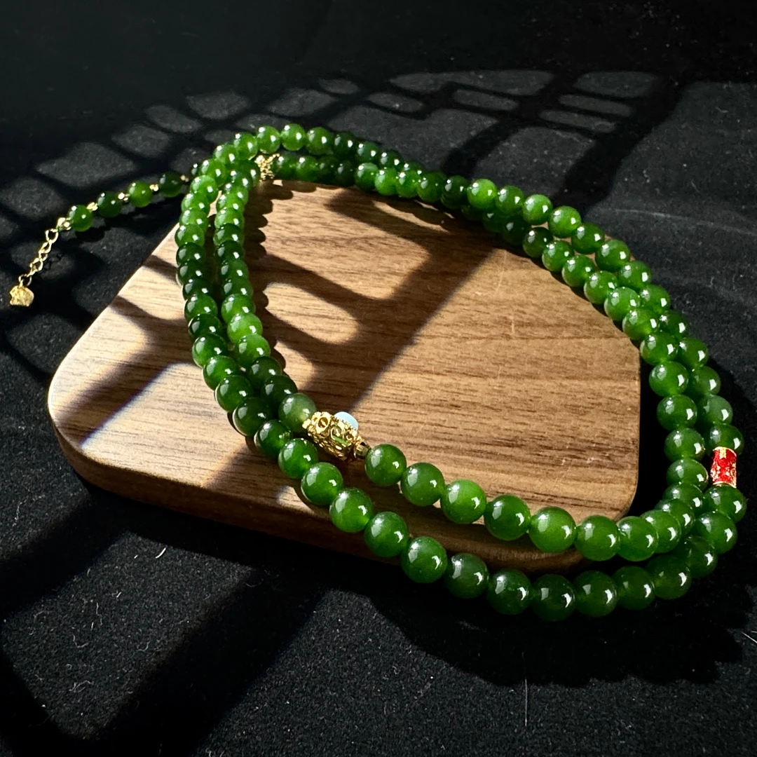 约6mm和田玉碧玉菠菜绿圆珠DIY项链