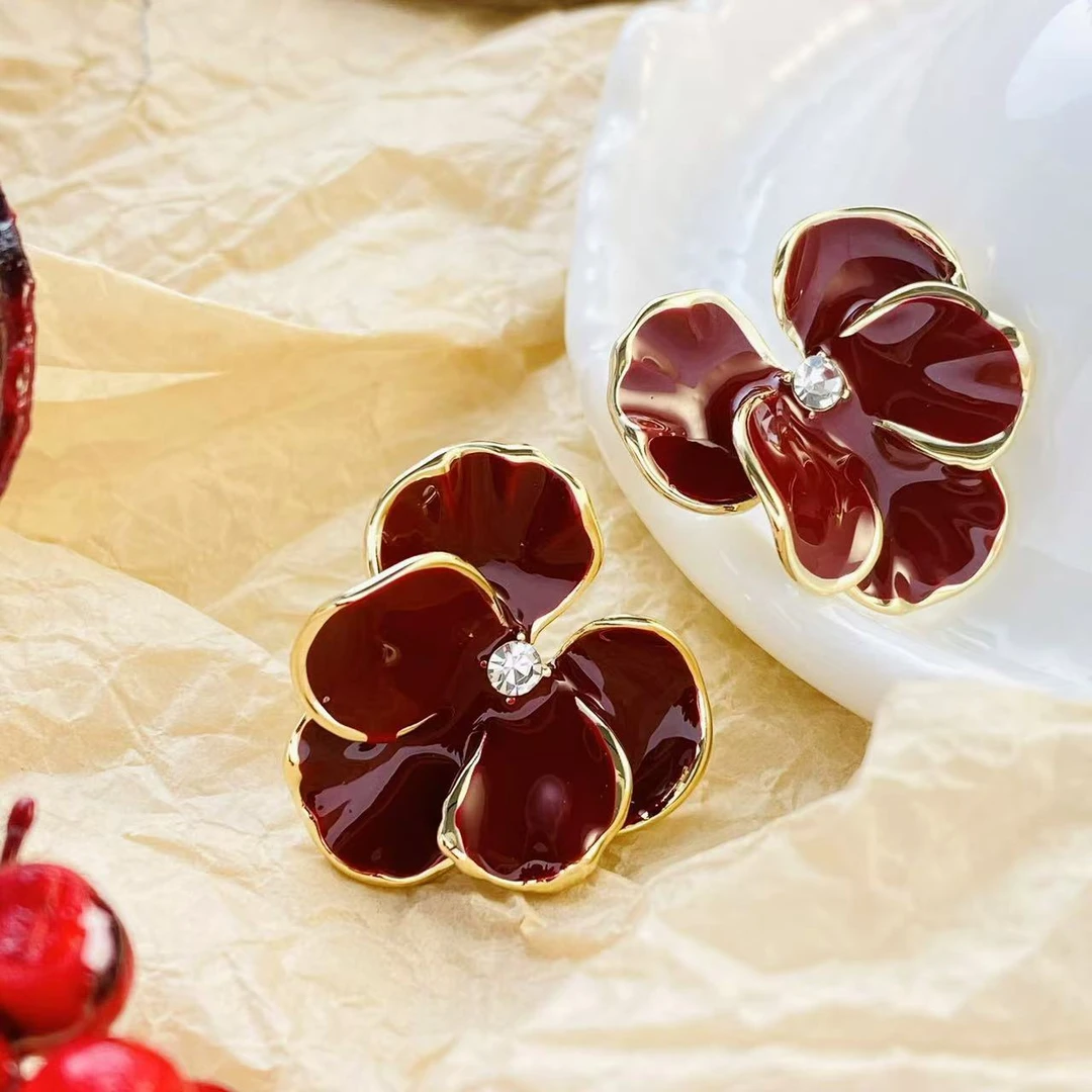铜合金耳饰 a30【安可拉红花朵AB款耳钉时尚洋气个性百搭耳钉03819