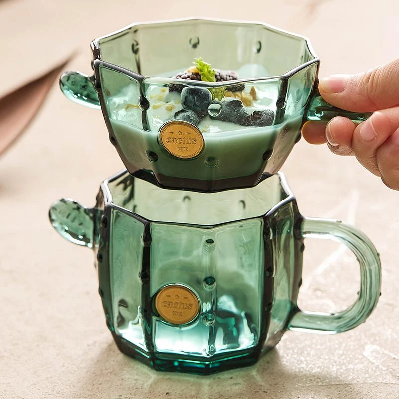 仙人掌玻璃杯喝水杯家用牛奶杯创意墨绿果汁杯酸奶杯子早餐豆浆杯