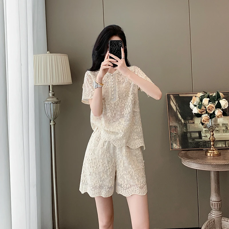 高级感绝美休闲时尚套装女夏新款贵气蕾丝连帽短袖短裤气质两件套