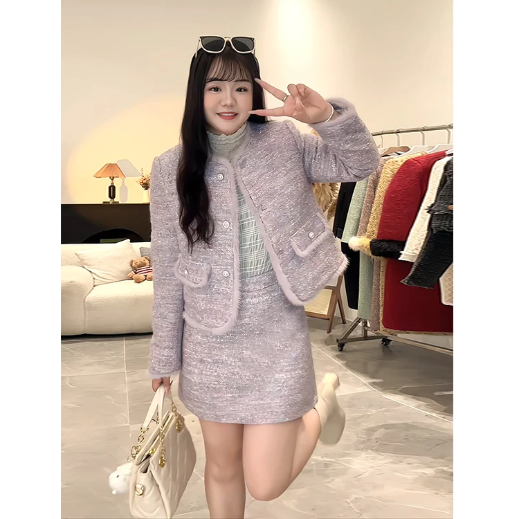 【AWEI】大码气质名暖小香风两件套女冬装时尚精致外套+半身裙套装