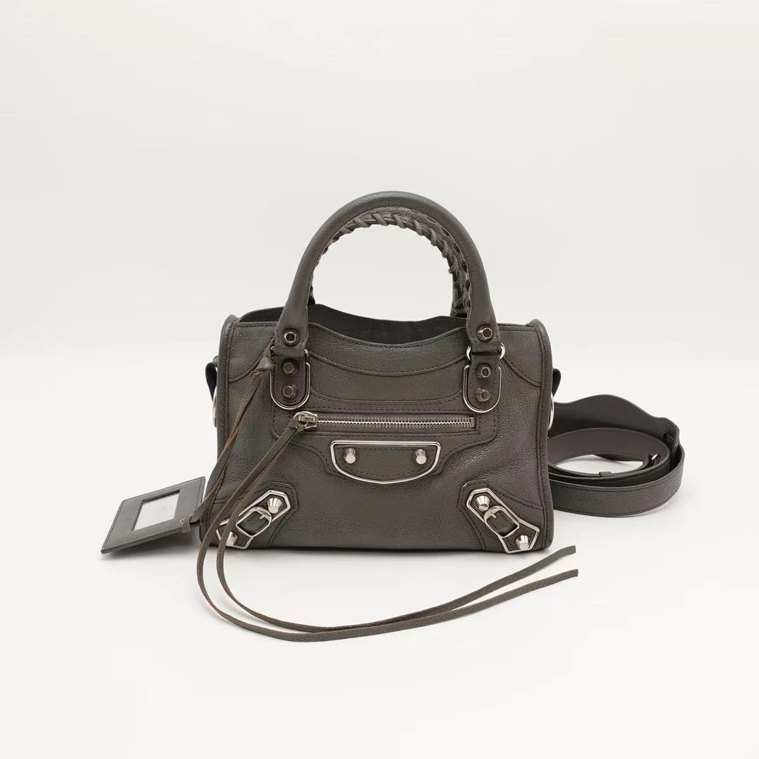 95新 Balenciaga/巴黎世家 GGS机车包mini灰色牛皮单肩包80173615