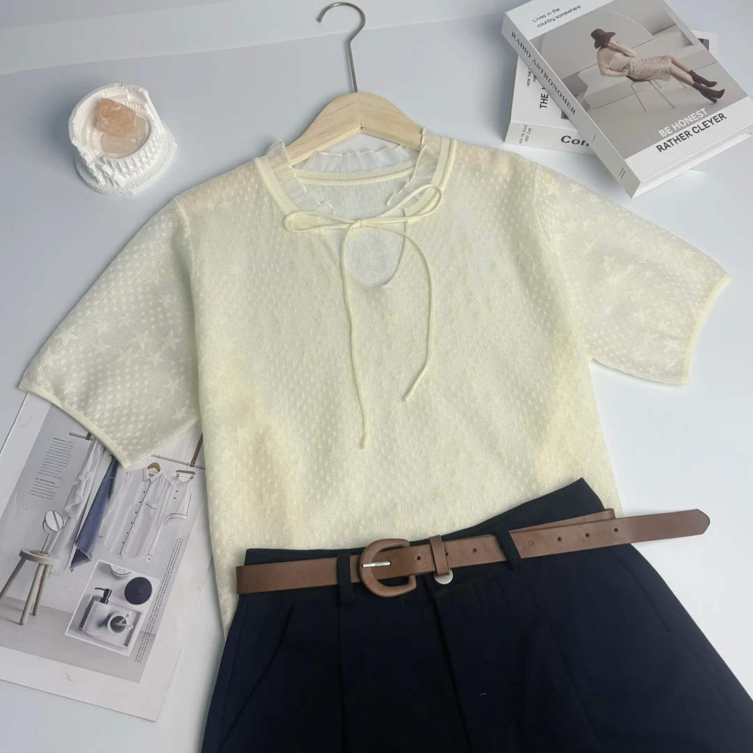 新新定制-圆领抽绳系带提花款微透针织短袖155419