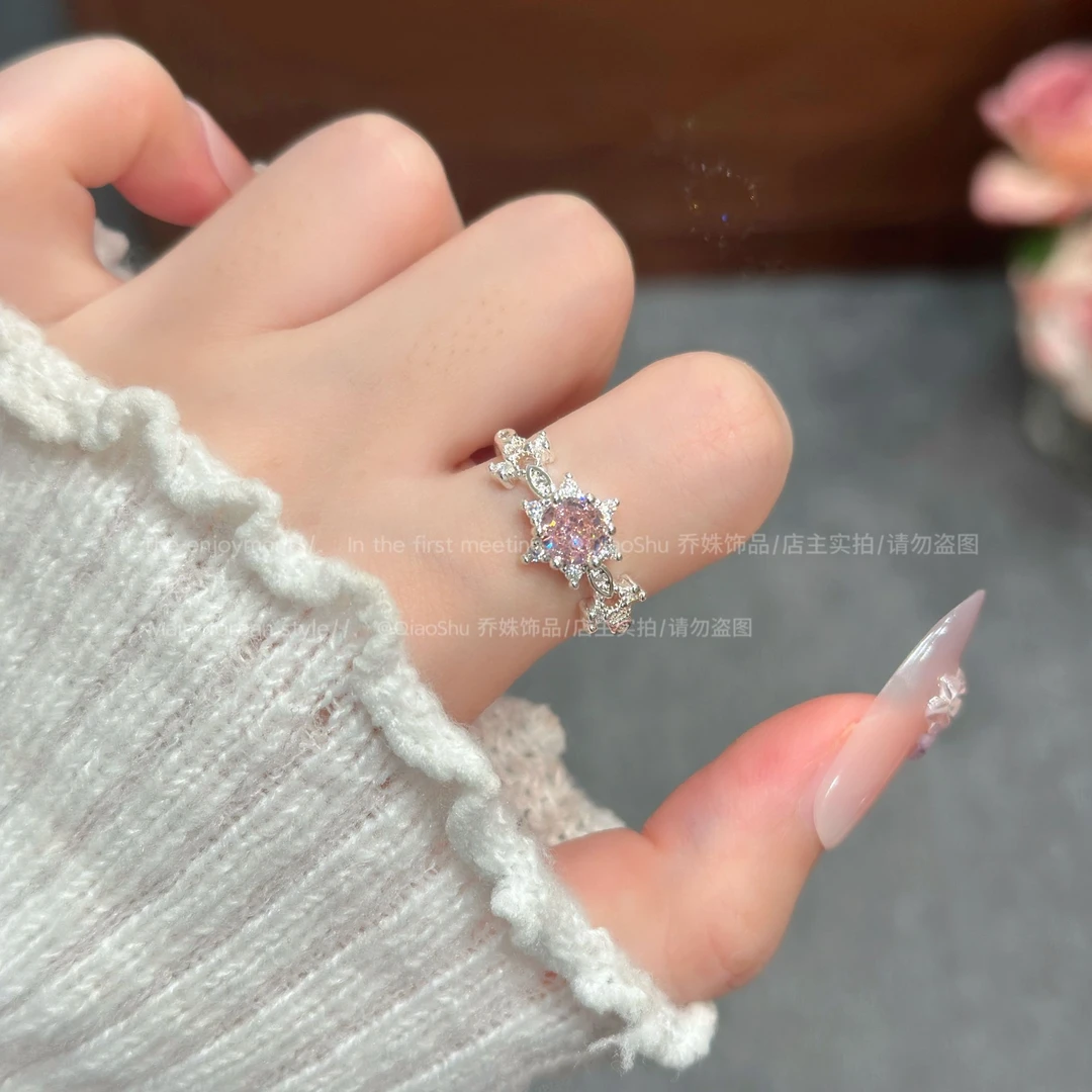 铜合金合成锆石戒指 C533 超仙时尚粉微镶戒指女时尚百搭清冷气质