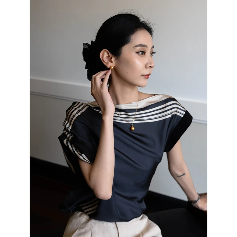 CHENSMCHEN 100桑蚕丝条形印花衬衫女夏季简约显瘦衬衣CSEC5564TT