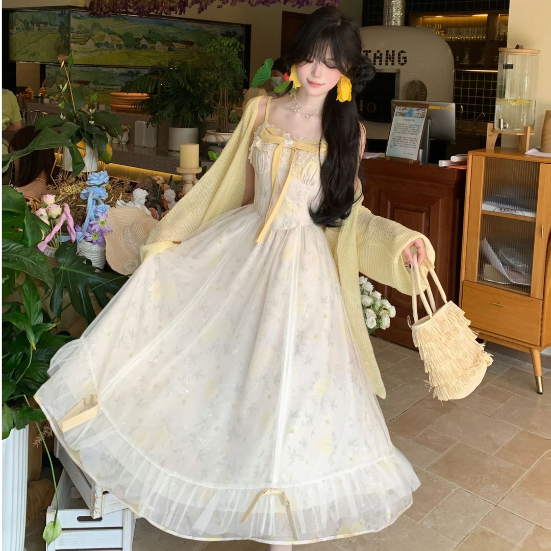 Blovelan幽兰浮梦 超仙温柔风甜美碎花网纱吊带连衣裙