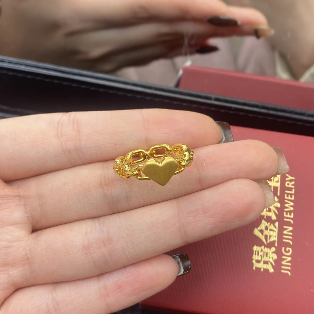 璟金珠宝足金999黄金黄金5D拉丝爱心链条戒指送女友礼物圈口可选