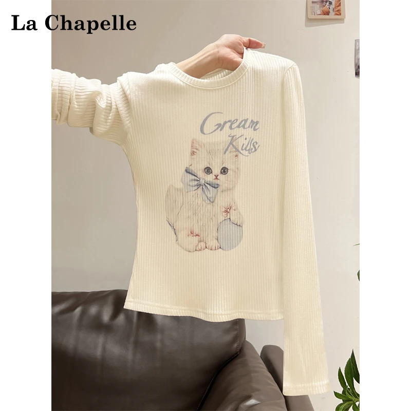 拉夏贝尔可爱猫咪印花圆领初秋长袖T恤女新款甜辣妹内搭打底上衣