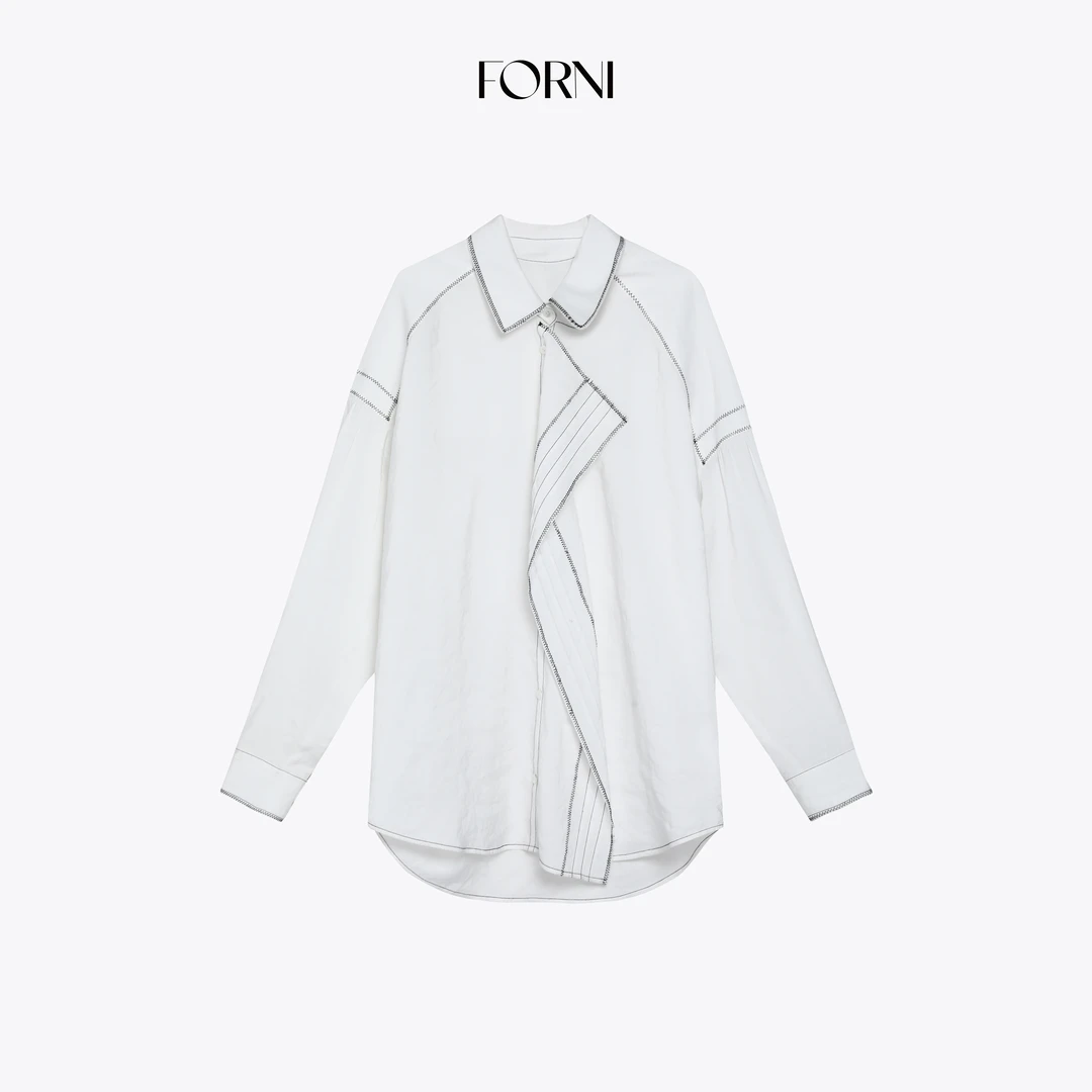 FORNI  古早时尚女编辑 不规则明线莫代尔双翻领衬衫上衣