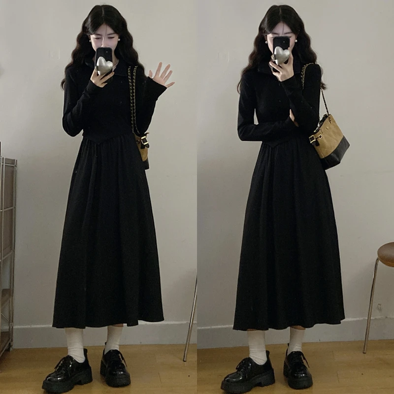 大码胖mm秋季新款女装气质百搭长裙可调节领型显瘦小黑裙连衣裙女