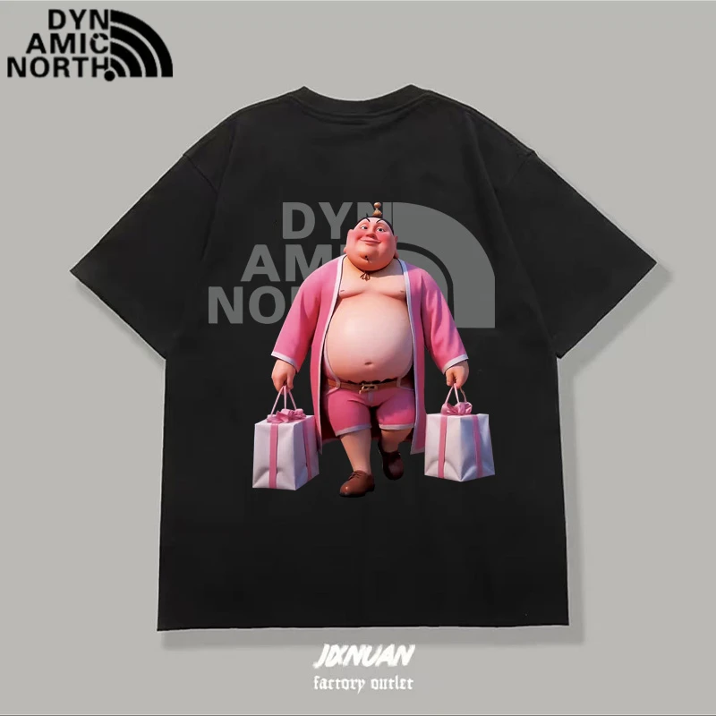 动感北面纯棉短袖T恤宽松百搭休闲粉红太乙印花卡通动漫圆领上衣