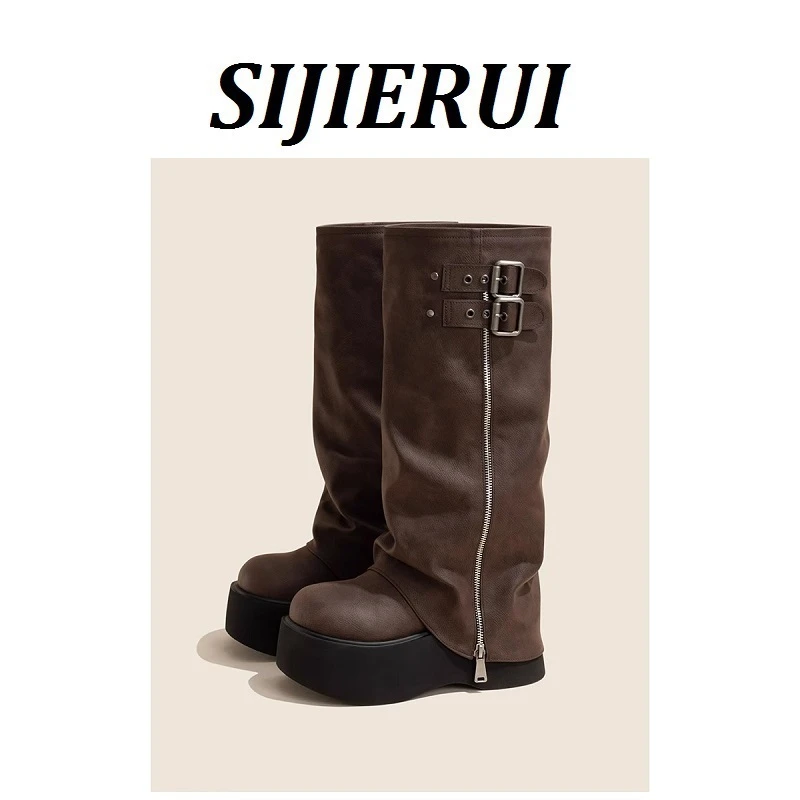 SIJIERUI长靴女厚底增高2025秋季新款真皮长筒靴小个子裤管骑士靴
