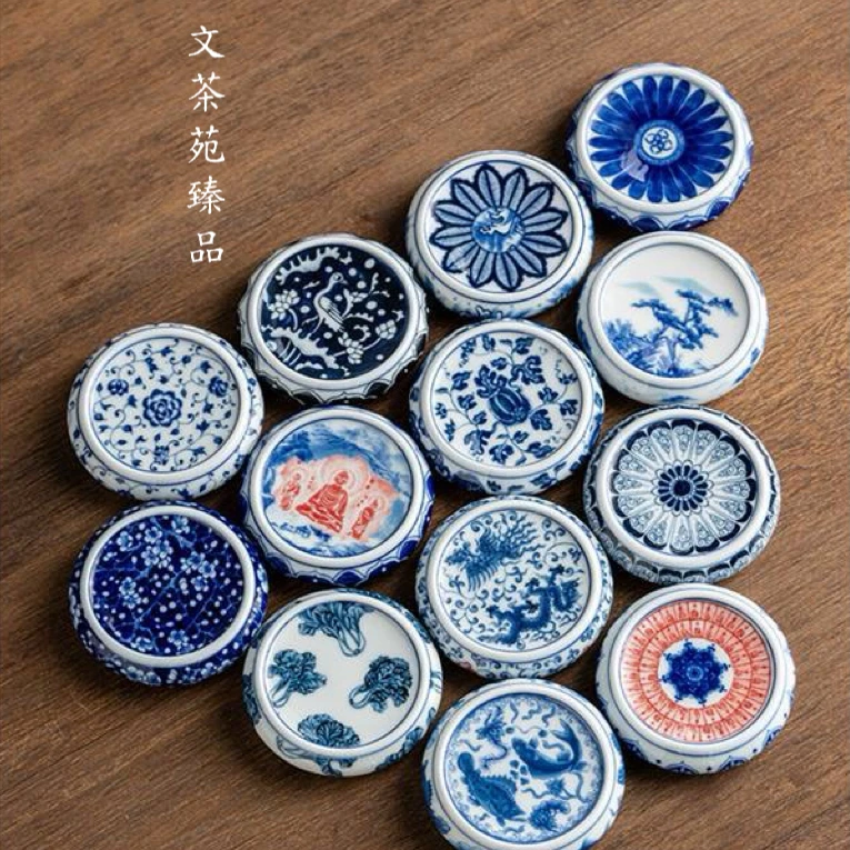 敦煌佛像缠枝莲山水青花高端盖置茶托陶瓷壶承杯垫高级主人杯