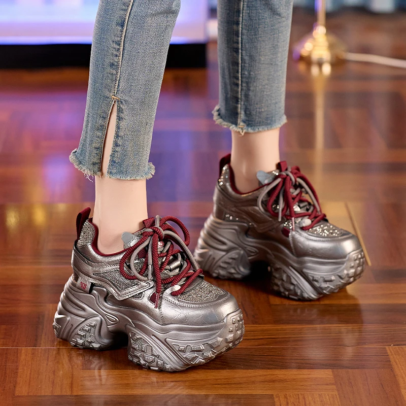 9cm时尚厚底内增高小个子水钻网红老爹鞋女2025春季新款单鞋ins潮