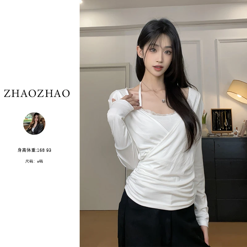 【SEPT】辣妹纯欲大领口V领收腰长袖上衣蕾丝挂脖吊带两件套