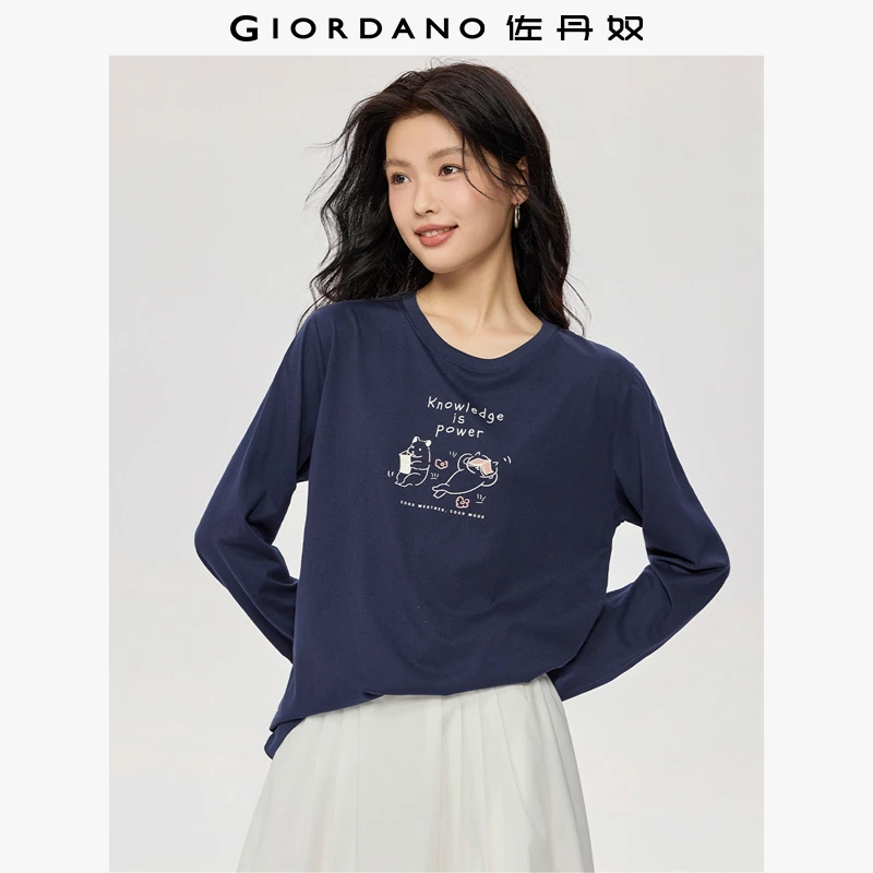 佐丹奴T恤女装纯棉元气萌宠主题秋冬印花圆领休闲长袖T恤13395791