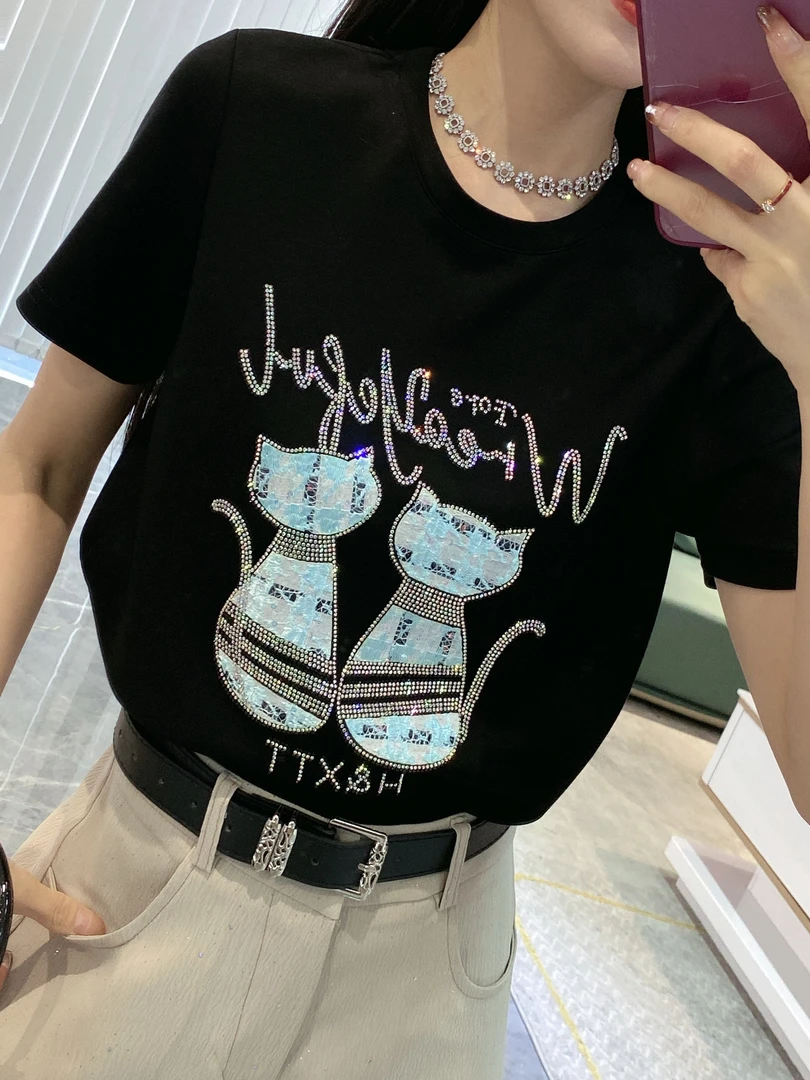 【金皇橦颜】烫钻小猫印花圆领T恤7057