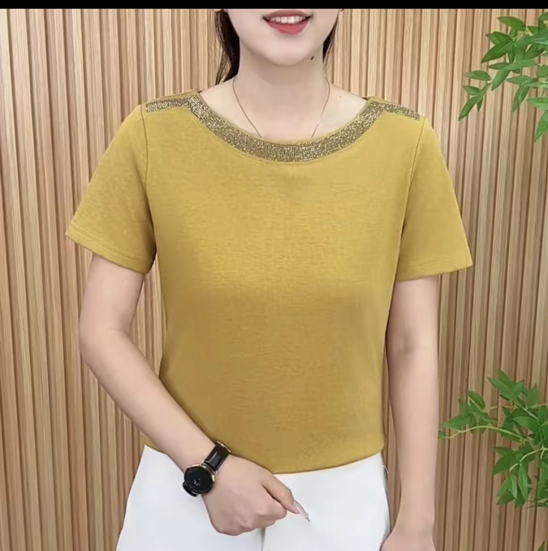 2025夏季时尚潮流新款简约烫钻纯色简约圆领百搭显瘦短袖女T恤