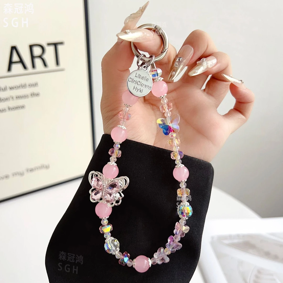 水晶蝴蝶结手机挂链女时尚手提手腕包包挂饰串珠手工手链条钥匙扣