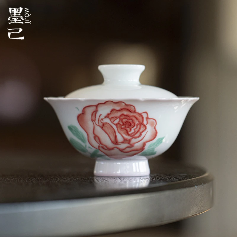 墨己玉泥白瓷手绘玫瑰花盖碗功夫茶具家用陶瓷仿宋花口高足泡茶碗