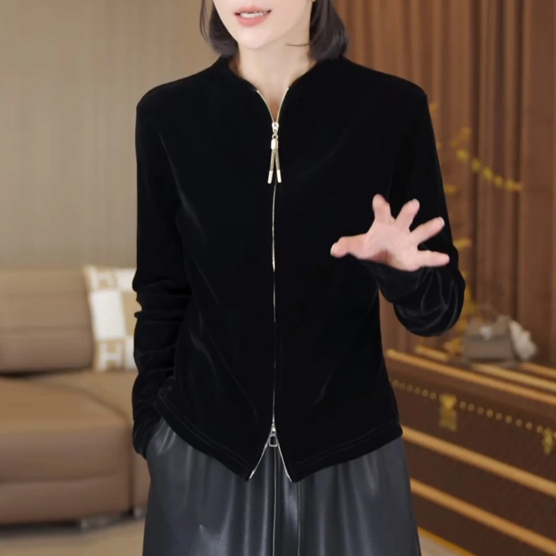 欧货时尚百搭丝绒长袖外套女2025早秋新款修身显瘦双拉链开衫上衣
