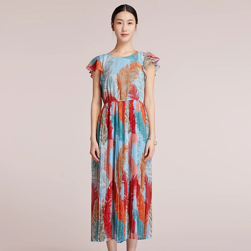 菲姿FEIZI夏款羽毛手绘连衣裙0B414