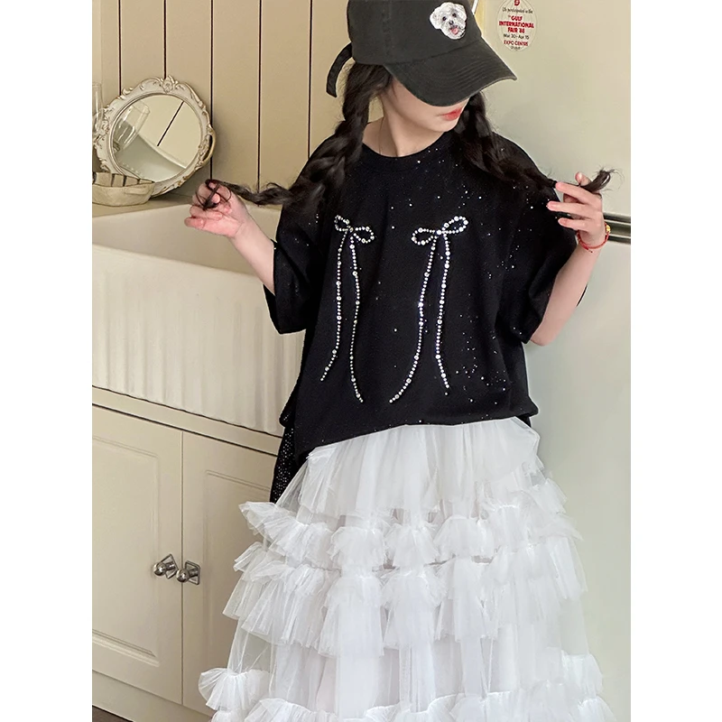 K28385烫钻女童短袖T恤2025夏装新款韩系儿童上衣春夏半袖打底衫t